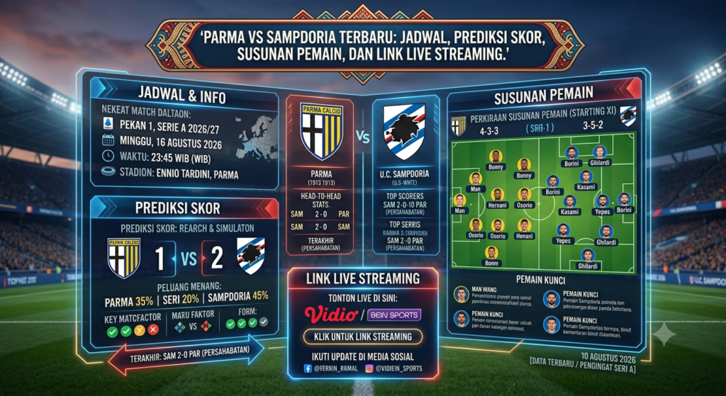 Parma vs Sampdoria Terbaru: Jadwal, Prediksi Skor, Susunan Pemain, dan Link Live Streaming.