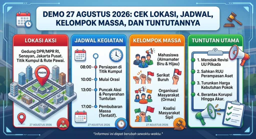 Demo 27 Agustus 2026: Cek Lokasi, Jadwal, Kelompok Massa, dan Tuntutannya