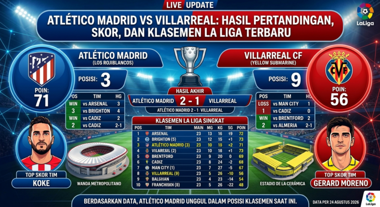 Atlético Madrid vs Villarreal: Hasil Pertandingan, Skor, dan Klasemen La Liga Terbaru