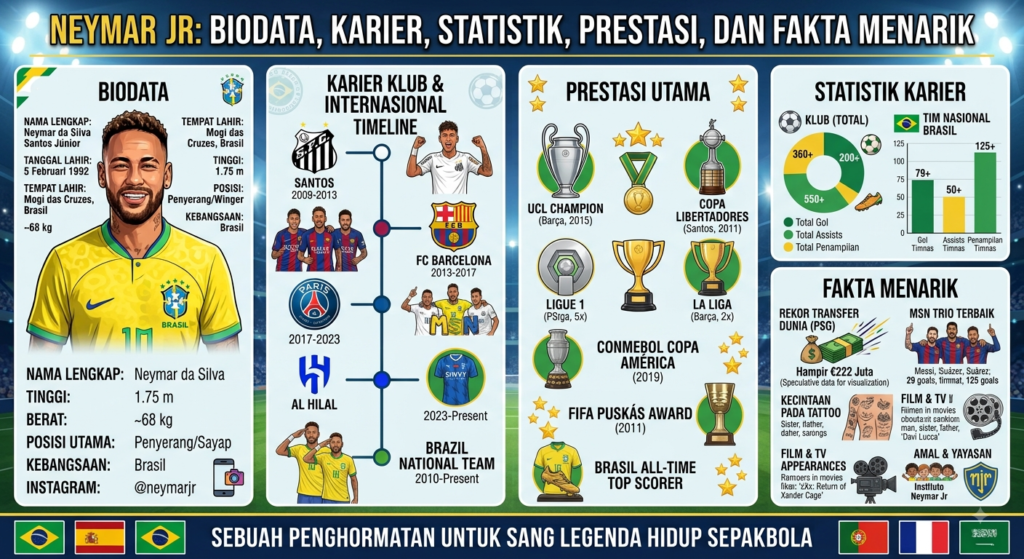 Neymar Jr: Biodata, Karier, Statistik, Prestasi, dan Fakta Menarik