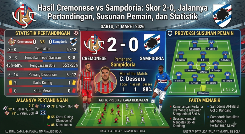 Hasil Cremonese vs Sampdoria: Skor 2-0, Jalannya Pertandingan, Susunan Pemain, dan Statistik