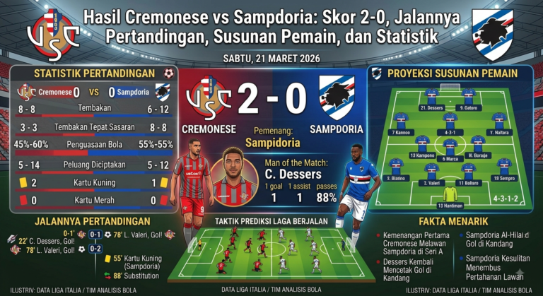 Hasil Cremonese vs Sampdoria: Skor 2-0, Jalannya Pertandingan, Susunan Pemain, dan Statistik