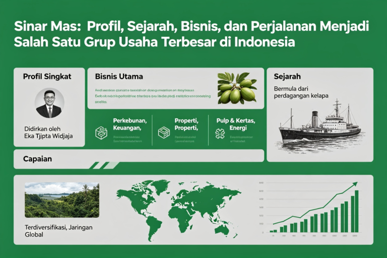 # Sinar Mas: Profil, Sejarah, Bisnis, dan Perjalanan Menjadi Salah Satu Grup Usaha Terbesar di Indonesia Sinar Mas merupakan salah satu konglomerasi bisnis terbesar dan paling berpengaruh di Indonesia. Memiliki rekam jejak lebih dari delapan dekade, grup usaha ini telah tumbuh berkembang bersama roda perekonomian nasional. Dari sebuah toko kelontong sederhana di Makassar, Sinar Mas bertransformasi menjadi imperium bisnis multinasional yang menaungi ratusan ribu karyawan dan beroperasi di berbagai belakangan sektor strategis. Melalui artikel ini, kita akan mengulas secara mendalam profil Sinar Mas, sejarah panjang pendiriannya, pilar bisnis utama yang ditanganinya, hingga strategi yang membawa grup ini berkuasa di pasar domestik maupun internasional. --- ## Profil Singkat Sinar Mas Sinar Mas adalah brand name dari sekumpulan perusahaan yang beroperasi di bawah payung filosofi dan nilai-nilai dasar yang sama. Grup ini didirikan oleh mendiang **Eka Tjipta Widjaja** (Oei Ek Tjhong), seorang wirausahawan visioner yang dikenal dengan keuletan, integritas, dan semangat pantang menyerahnya. * **Pendiri:** Eka Tjipta Widjaja (1921–2019) * **Tahun Berdiri:** 1938 * **Kantor Pusat:** Jakarta, Indonesia * **Nilai Inti (*Core Values*):** Jujur, Menjaga Komitmen, Perbaikan Berkelanjutan, Inovatif, dan Setia * **Cakupan Operasional:** Indonesia, Singapura, Tiongkok, hingga pasar internasional di Amerika, Eropa, dan Afrika. --- ## Sejarah Pendirian dan Perjalanan Karier Eka Tjipta Widjaja Kisah keberhasilan Sinar Mas tidak dapat dipisahkan dari sosok pendirinya. Eka Tjipta Widjaja lahir di Fujian, Tiongkok, pada tahun 1921 dan migrasi ke Makassar, Sulawesi Selatan, saat berusia sembilan tahun bersama keluarganya untuk mengadu nasib. ### 1. Era Awal (1938): Toko Kelontong Sederhana Tanpa pendidikan formal yang tinggi, Eka muda mulai berjualan secara keliling menggunakan sepeda untuk menjajakan biskuit, permen, dan barang kebutuhan pokok. Keuletan ini melahirkan cikal bakal Sinar Mas pada tahun 1938 di Makassar. ### 2. Dekade 1960–1970: Ekspansi Dagang dan Pengolahan Minyak Kelapa Setelah berpindah ke Jakarta pada pertengahan 1960-an, Eka Tjipta mulai memperluas jangkauan bisnisnya dengan mengamankan pasokan komoditas hasil bumi seperti minyak kelapa dan kopra. Pada tahun 1968, ia mendirikan pabrik pengolahan minyak kelapa pertama, yang nantinya menjadi batu pijakan menuju industri *Consumer Goods* dan perkebunan kelapa sawit skala masif. ### 3. Dekade 1980–1990: Diversifikasi Sektor Strategis Pada era 1980-an, Sinar Mas melakukan diversifikasi agresif dengan memasuki dua industri raksasa baru: **Kertas (Pulp & Paper)** dan **Jasa Keuangan**. Pengambilalihan dan pembangunan pabrik kertas melahirkan brand global seperti Asia Pulp & Paper (APP). Pada saat yang sama, didirikanlah institusi keuangan yang menjadi cikal bakal Bank Sinarmas dan Asuransi Sinar Mas. ### 4. Era Milenial hingga Sekarang: Transformasi Digital dan Keberlanjutan Memasuki abad ke-21, Sinar Mas merambah sektor telekomunikasi melalui Smartfren, pengkembangan energi baru terbarukan, serta infrastruktur teknologi digital. Saat ini, kepemimpinan grup diteruskan oleh generasi keluarga Widjaja dengan penekanan pada aspek *Environmental, Social, and Governance* (ESG) serta inovasi digital. --- ## 7 Pilar Bisnis Utama Sinar Mas Saat ini, Sinar Mas mengoperasikan kegiatan bisnisnya melalui **7 pilar bisnis utama** yang saling mendukung dan memperkuat struktur grup: ``` +-----------------------------------+ | Grup Sinar Mas | +-----------------------------------+ | +---------------+---------------+---------------+---------------+ | | | | | v v v v v 1. Paper (APP) 2. Agribisnis 3. Jasa Keuangan 4. Real Estat 5. Telekomunikasi (GAR) (Sinarmas) (Sinar Mas (Smartfren) Land) | +---------------+---------------+ | | v v 6. Energi & Mirba 7. Inisiatif Digital (DSSA) (Ventures) ``` ### 1. Pulp dan Kertas (Asia Pulp & Paper / APP Sinar Mas) Asia Pulp & Paper (APP) merupakan salah satu produsen kertas dan bubur kertas (*pulp*) terbesar di dunia. Produk kemasan, kertas fotokopi, tisu (seperti *Paseo*, *Nice*, *Jolly*), dan kertas khusus hasil olahan APP diekspor ke lebih dari 150 negara di lima benua. ### 2. Agribisnis dan Makanan (Golden Agri-Resources / GAR) Melalui PT SMART Tbk dan Golden Agri-Resources Ltd (GAR), Sinar Mas mengelola ratusan ribu hektar perkebunan kelapa sawit terpadu di Indonesia. Merek olahan minyak goreng seperti *Filma*, *Kunci Mas*, serta produk margarin mentega menjadi pemimpin pasar konsumsi rumah tangga dan industri makanan. ### 3. Jasa Keuangan (Sinarmas Financial Services) Menyediakan solusi finansial terpadu bagi masyarakat dan korporasi melalui anak usaha seperti: * **Bank Sinarmas:** Layanan perbankan ritel dan digital. * **Asuransi Sinar Mas:** Asuransi umum terdepan di Indonesia. * **Sinarmas Sekuritas & Asset Management:** Layanan pasar modal dan pengelolaan reksa dana. * **Multifinance & Fintech:** Solusi pembiayaan konsumen dan layanan finansial berbasis teknologi. ### 4. Pengembang dan Real Estat (Sinar Mas Land) Sinar Mas Land adalah salah satu pengembang properti terbesar dan terpercaya di Indonesia dan Singapura. Proyek mahakarya paling ikonik adalah pembangunan kota mandiri **BSD City** di Tangerang Selatan, serta berbagai kawasan perumahan, pusat perbelanjaan, gedung perkantoran, dan kawasan industri hijau. ### 5. Telekomunikasi dan Teknologi (Smartfren) Melalui PT Smartfren Telecom Tbk, Sinar Mas menyediakan layanan telekomunikasi berbasis jaringan 4G LTE dan teknologi seluler mutakhir. Smartfren konsisten mendorong digitalisasi masyarakat Indonesia serta pengembangan jaringan telekomunikasi nasional. ### 6. Energi dan Infrastruktur (PT Dian Swastatika Sentosa Tbk / DSSA) Pilar ini bergerak di bidang pembangkitan tenaga listrik (*power plant*), pertambangan batubara, perdagangan komoditas energi, serta penyediaan layanan infrastruktur multimedia dan internet berkecepatan tinggi. ### 7. Inisiatif Digital dan Modal Ventura (Sinarmas Digital Ventures) Untuk mengantisipasi perkembangan ekonomi digital, Sinar Mas membentuk unit modal ventura (seperti *East Ventures* partisipasi dan *eVolution Family*) yang aktif berinvestasi pada perusahaan perintis (*startup*) teknologi di kawasan Asia Tenggara. --- ## Kunci Sukses Sinar Mas Menjadi Konglomerasi Raksasa Keberhasilan Sinar Mas tumbuh dari toko kelontong menjadi raksasa bisnis nasional didukung oleh beberapa faktor kunci: 1. **Integrasi Bisnis Hulu ke Hilir (*Vertical Integration*):** Sinar Mas menguasai rantai pasok secara mandiri, mulai dari lahan perkebunan, pengolahan bahan baku, pengemasan, logistik, hingga distribusi produk akhir. 2. **Keberanian Melakukan Diversifikasi:** Kehadiran Sinar Mas di sektor-sektor esensial (makanan, kertas, properti, keuangan, teknologi) membuat portofolio grup tahan terhadap krisis ekonomi. 3. **Penerapan Teknologi dan Inovasi:** Pengadopsian teknologi terbaru dalam manufaktur dan otomasi memungkinkan efisiensi biaya produksi yang sangat kompetitif di pasar global. 4. **Komitmen Tanggung Jawab Sosial dan Lingkungan:** Melalui program *Corporate Social Responsibility* (CSR) dan komitmen *Zero Deforestation*, Sinar Mas terus memperkuat citra positif di mata dunia internasional. --- ## Kesimpulan Sinar Mas adalah contoh nyata bagaimana kerja keras, visi jangka panjang, dan ketahanan mental dapat mengubah bisnis skala mikro menjadi kekuatan ekonomi multinasional. Dengan 7 pilar bisnis strategis yang mencakup kebutuhan dasar manusia hingga teknologi masa depan, Sinar Mas terus memperkokoh posisinya sebagai salah satu pilar utama pendorong pertumbuhan ekonomi Indonesia.