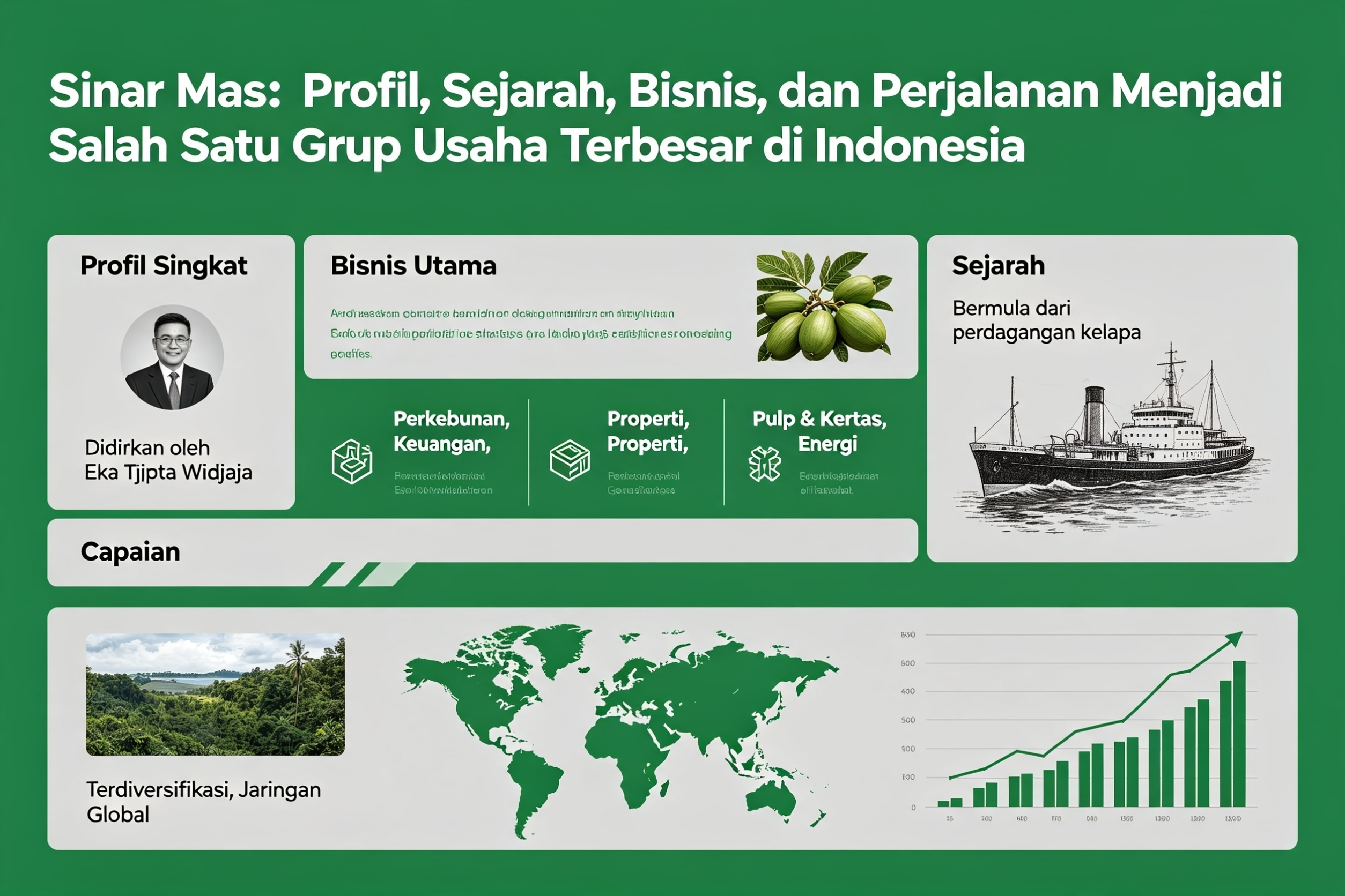 # Sinar Mas: Profil, Sejarah, Bisnis, dan Perjalanan Menjadi Salah Satu Grup Usaha Terbesar di Indonesia Sinar Mas merupakan salah satu konglomerasi bisnis terbesar dan paling berpengaruh di Indonesia. Memiliki rekam jejak lebih dari delapan dekade, grup usaha ini telah tumbuh berkembang bersama roda perekonomian nasional. Dari sebuah toko kelontong sederhana di Makassar, Sinar Mas bertransformasi menjadi imperium bisnis multinasional yang menaungi ratusan ribu karyawan dan beroperasi di berbagai belakangan sektor strategis. Melalui artikel ini, kita akan mengulas secara mendalam profil Sinar Mas, sejarah panjang pendiriannya, pilar bisnis utama yang ditanganinya, hingga strategi yang membawa grup ini berkuasa di pasar domestik maupun internasional. --- ## Profil Singkat Sinar Mas Sinar Mas adalah brand name dari sekumpulan perusahaan yang beroperasi di bawah payung filosofi dan nilai-nilai dasar yang sama. Grup ini didirikan oleh mendiang **Eka Tjipta Widjaja** (Oei Ek Tjhong), seorang wirausahawan visioner yang dikenal dengan keuletan, integritas, dan semangat pantang menyerahnya. * **Pendiri:** Eka Tjipta Widjaja (1921–2019) * **Tahun Berdiri:** 1938 * **Kantor Pusat:** Jakarta, Indonesia * **Nilai Inti (*Core Values*):** Jujur, Menjaga Komitmen, Perbaikan Berkelanjutan, Inovatif, dan Setia * **Cakupan Operasional:** Indonesia, Singapura, Tiongkok, hingga pasar internasional di Amerika, Eropa, dan Afrika. --- ## Sejarah Pendirian dan Perjalanan Karier Eka Tjipta Widjaja Kisah keberhasilan Sinar Mas tidak dapat dipisahkan dari sosok pendirinya. Eka Tjipta Widjaja lahir di Fujian, Tiongkok, pada tahun 1921 dan migrasi ke Makassar, Sulawesi Selatan, saat berusia sembilan tahun bersama keluarganya untuk mengadu nasib. ### 1. Era Awal (1938): Toko Kelontong Sederhana Tanpa pendidikan formal yang tinggi, Eka muda mulai berjualan secara keliling menggunakan sepeda untuk menjajakan biskuit, permen, dan barang kebutuhan pokok. Keuletan ini melahirkan cikal bakal Sinar Mas pada tahun 1938 di Makassar. ### 2. Dekade 1960–1970: Ekspansi Dagang dan Pengolahan Minyak Kelapa Setelah berpindah ke Jakarta pada pertengahan 1960-an, Eka Tjipta mulai memperluas jangkauan bisnisnya dengan mengamankan pasokan komoditas hasil bumi seperti minyak kelapa dan kopra. Pada tahun 1968, ia mendirikan pabrik pengolahan minyak kelapa pertama, yang nantinya menjadi batu pijakan menuju industri *Consumer Goods* dan perkebunan kelapa sawit skala masif. ### 3. Dekade 1980–1990: Diversifikasi Sektor Strategis Pada era 1980-an, Sinar Mas melakukan diversifikasi agresif dengan memasuki dua industri raksasa baru: **Kertas (Pulp & Paper)** dan **Jasa Keuangan**. Pengambilalihan dan pembangunan pabrik kertas melahirkan brand global seperti Asia Pulp & Paper (APP). Pada saat yang sama, didirikanlah institusi keuangan yang menjadi cikal bakal Bank Sinarmas dan Asuransi Sinar Mas. ### 4. Era Milenial hingga Sekarang: Transformasi Digital dan Keberlanjutan Memasuki abad ke-21, Sinar Mas merambah sektor telekomunikasi melalui Smartfren, pengkembangan energi baru terbarukan, serta infrastruktur teknologi digital. Saat ini, kepemimpinan grup diteruskan oleh generasi keluarga Widjaja dengan penekanan pada aspek *Environmental, Social, and Governance* (ESG) serta inovasi digital. --- ## 7 Pilar Bisnis Utama Sinar Mas Saat ini, Sinar Mas mengoperasikan kegiatan bisnisnya melalui **7 pilar bisnis utama** yang saling mendukung dan memperkuat struktur grup: ``` +-----------------------------------+ | Grup Sinar Mas | +-----------------------------------+ | +---------------+---------------+---------------+---------------+ | | | | | v v v v v 1. Paper (APP) 2. Agribisnis 3. Jasa Keuangan 4. Real Estat 5. Telekomunikasi (GAR) (Sinarmas) (Sinar Mas (Smartfren) Land) | +---------------+---------------+ | | v v 6. Energi & Mirba 7. Inisiatif Digital (DSSA) (Ventures) ``` ### 1. Pulp dan Kertas (Asia Pulp & Paper / APP Sinar Mas) Asia Pulp & Paper (APP) merupakan salah satu produsen kertas dan bubur kertas (*pulp*) terbesar di dunia. Produk kemasan, kertas fotokopi, tisu (seperti *Paseo*, *Nice*, *Jolly*), dan kertas khusus hasil olahan APP diekspor ke lebih dari 150 negara di lima benua. ### 2. Agribisnis dan Makanan (Golden Agri-Resources / GAR) Melalui PT SMART Tbk dan Golden Agri-Resources Ltd (GAR), Sinar Mas mengelola ratusan ribu hektar perkebunan kelapa sawit terpadu di Indonesia. Merek olahan minyak goreng seperti *Filma*, *Kunci Mas*, serta produk margarin mentega menjadi pemimpin pasar konsumsi rumah tangga dan industri makanan. ### 3. Jasa Keuangan (Sinarmas Financial Services) Menyediakan solusi finansial terpadu bagi masyarakat dan korporasi melalui anak usaha seperti: * **Bank Sinarmas:** Layanan perbankan ritel dan digital. * **Asuransi Sinar Mas:** Asuransi umum terdepan di Indonesia. * **Sinarmas Sekuritas & Asset Management:** Layanan pasar modal dan pengelolaan reksa dana. * **Multifinance & Fintech:** Solusi pembiayaan konsumen dan layanan finansial berbasis teknologi. ### 4. Pengembang dan Real Estat (Sinar Mas Land) Sinar Mas Land adalah salah satu pengembang properti terbesar dan terpercaya di Indonesia dan Singapura. Proyek mahakarya paling ikonik adalah pembangunan kota mandiri **BSD City** di Tangerang Selatan, serta berbagai kawasan perumahan, pusat perbelanjaan, gedung perkantoran, dan kawasan industri hijau. ### 5. Telekomunikasi dan Teknologi (Smartfren) Melalui PT Smartfren Telecom Tbk, Sinar Mas menyediakan layanan telekomunikasi berbasis jaringan 4G LTE dan teknologi seluler mutakhir. Smartfren konsisten mendorong digitalisasi masyarakat Indonesia serta pengembangan jaringan telekomunikasi nasional. ### 6. Energi dan Infrastruktur (PT Dian Swastatika Sentosa Tbk / DSSA) Pilar ini bergerak di bidang pembangkitan tenaga listrik (*power plant*), pertambangan batubara, perdagangan komoditas energi, serta penyediaan layanan infrastruktur multimedia dan internet berkecepatan tinggi. ### 7. Inisiatif Digital dan Modal Ventura (Sinarmas Digital Ventures) Untuk mengantisipasi perkembangan ekonomi digital, Sinar Mas membentuk unit modal ventura (seperti *East Ventures* partisipasi dan *eVolution Family*) yang aktif berinvestasi pada perusahaan perintis (*startup*) teknologi di kawasan Asia Tenggara. --- ## Kunci Sukses Sinar Mas Menjadi Konglomerasi Raksasa Keberhasilan Sinar Mas tumbuh dari toko kelontong menjadi raksasa bisnis nasional didukung oleh beberapa faktor kunci: 1. **Integrasi Bisnis Hulu ke Hilir (*Vertical Integration*):** Sinar Mas menguasai rantai pasok secara mandiri, mulai dari lahan perkebunan, pengolahan bahan baku, pengemasan, logistik, hingga distribusi produk akhir. 2. **Keberanian Melakukan Diversifikasi:** Kehadiran Sinar Mas di sektor-sektor esensial (makanan, kertas, properti, keuangan, teknologi) membuat portofolio grup tahan terhadap krisis ekonomi. 3. **Penerapan Teknologi dan Inovasi:** Pengadopsian teknologi terbaru dalam manufaktur dan otomasi memungkinkan efisiensi biaya produksi yang sangat kompetitif di pasar global. 4. **Komitmen Tanggung Jawab Sosial dan Lingkungan:** Melalui program *Corporate Social Responsibility* (CSR) dan komitmen *Zero Deforestation*, Sinar Mas terus memperkuat citra positif di mata dunia internasional. --- ## Kesimpulan Sinar Mas adalah contoh nyata bagaimana kerja keras, visi jangka panjang, dan ketahanan mental dapat mengubah bisnis skala mikro menjadi kekuatan ekonomi multinasional. Dengan 7 pilar bisnis strategis yang mencakup kebutuhan dasar manusia hingga teknologi masa depan, Sinar Mas terus memperkokoh posisinya sebagai salah satu pilar utama pendorong pertumbuhan ekonomi Indonesia.