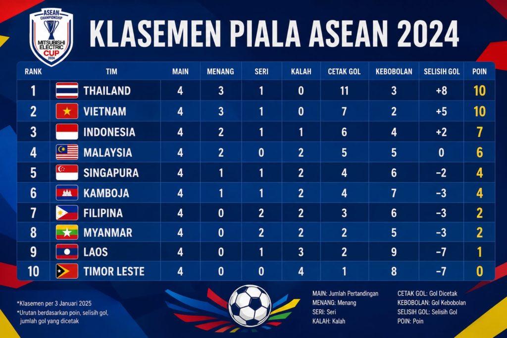 Klasemen Piala ASEAN Lengkap: Perolehan Poin, Selisih Gol, dan Ranking Tim