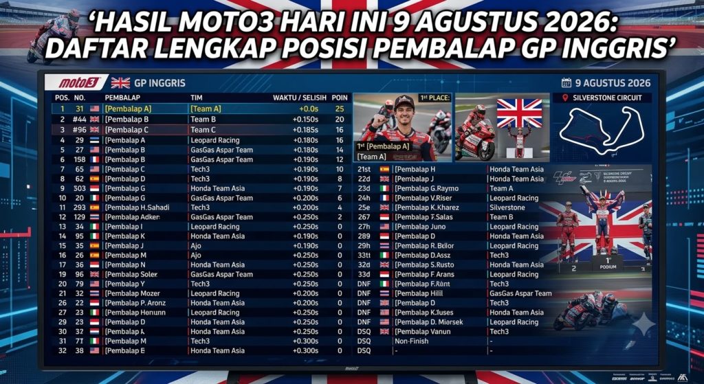 Hasil Moto3 Hari Ini 9 Agustus 2026: Daftar Lengkap Posisi Pembalap GP Inggris