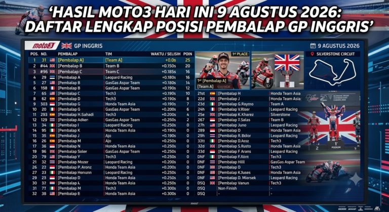 Hasil Moto3 Hari Ini 9 Agustus 2026: Daftar Lengkap Posisi Pembalap GP Inggris