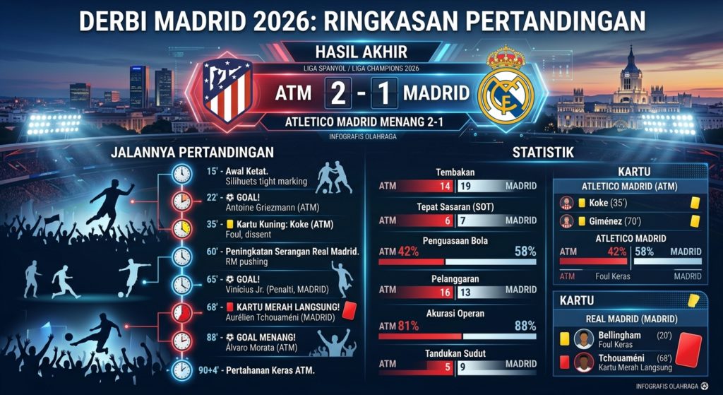 Hasil ATM vs Madrid 2026: Atletico Madrid Menang 2-1, Statistik, Kartu, dan Jalannya Pertandingan