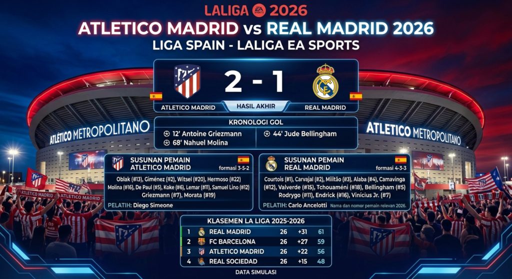 Atletico Madrid vs Real Madrid 2026: Hasil 2-1, Kronologi Gol, Line Up, dan Klasemen La Liga