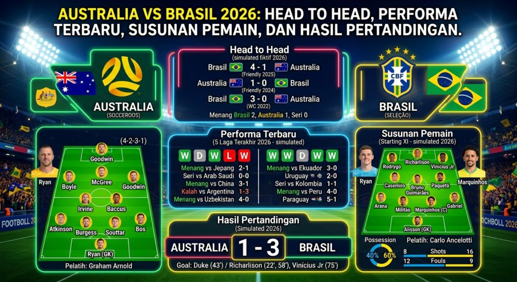 Australia vs Brasil 2026: Head to Head, Performa Terbaru, Susunan Pemain, dan Hasil Pertandingan