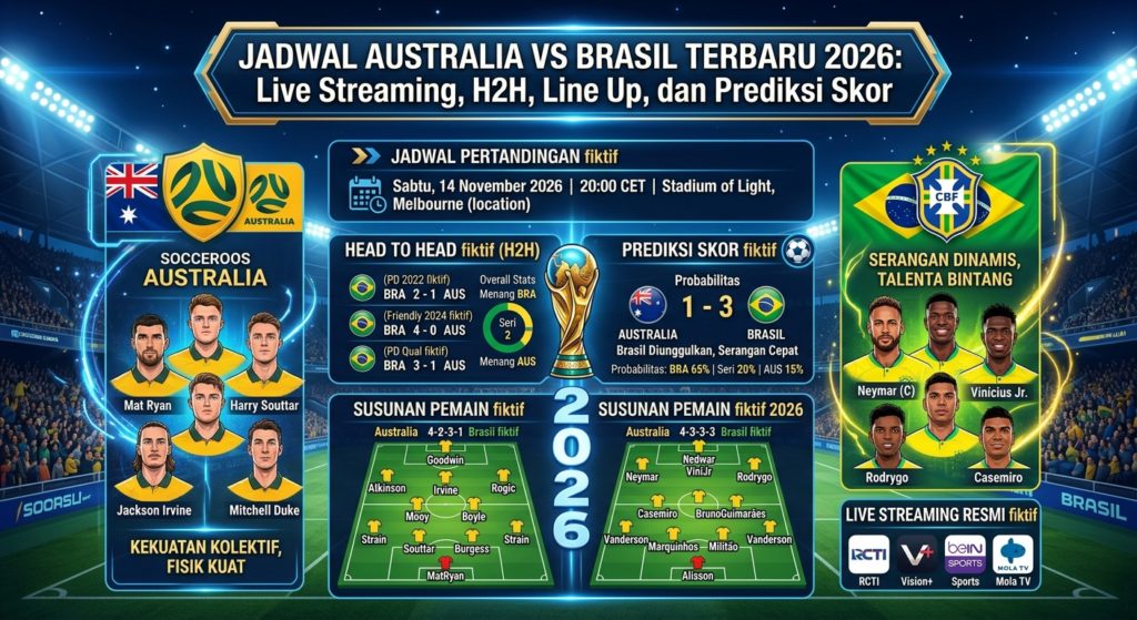 Jadwal Australia vs Brasil Terbaru 2026: Live Streaming, H2H, Line Up, dan Prediksi Skor