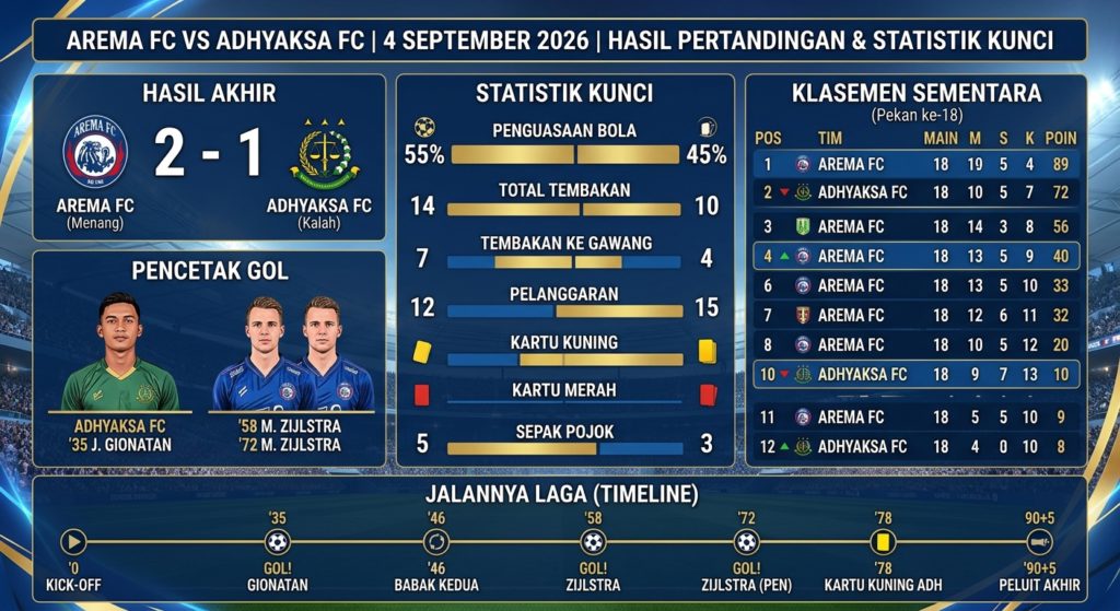 Arema FC vs Adhyaksa 2026: Hasil Pertandingan, Statistik, Klasemen, Pencetak Gol, dan Jalannya Laga