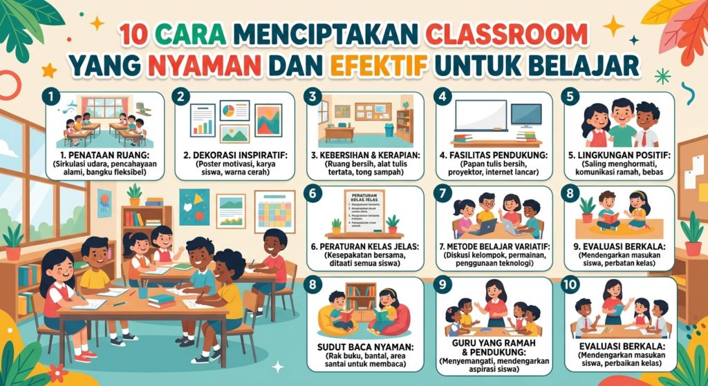 10 Cara Menciptakan Classroom yang Nyaman dan Efektif untuk Belajar, buatkan saya gambar dengan judul tersebut