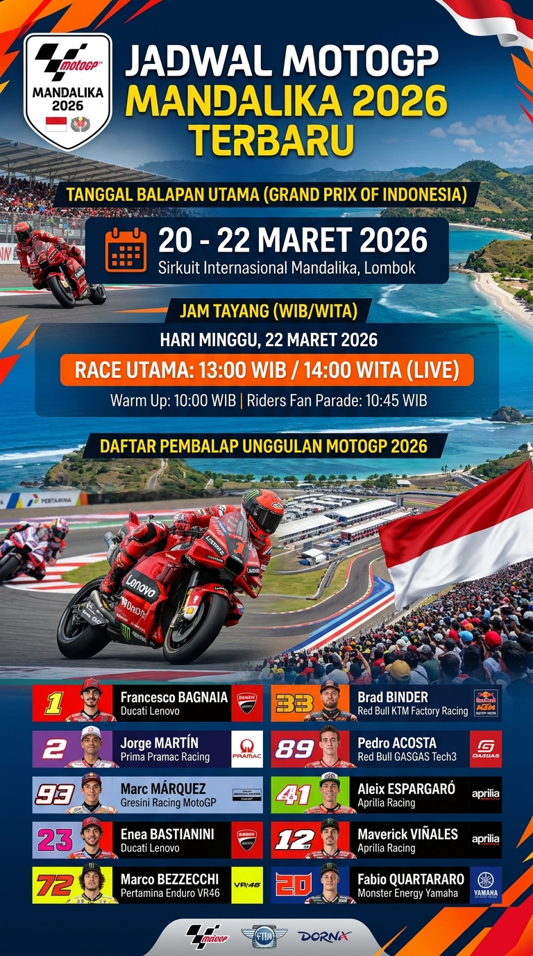 Jadwal MotoGP Mandalika 2026 Terbaru: Tanggal Balapan, Jam Tayang, dan Daftar Pembalap