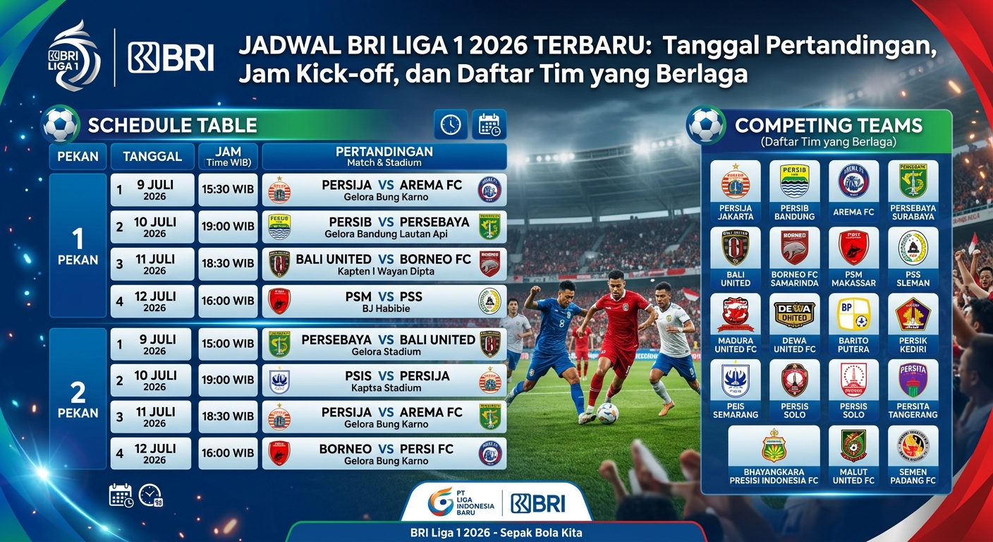 Jadwal BRI Liga 1 2026 Terbaru: Tanggal Pertandingan, Jam Kick-off, dan Daftar Tim yang Berlaga
