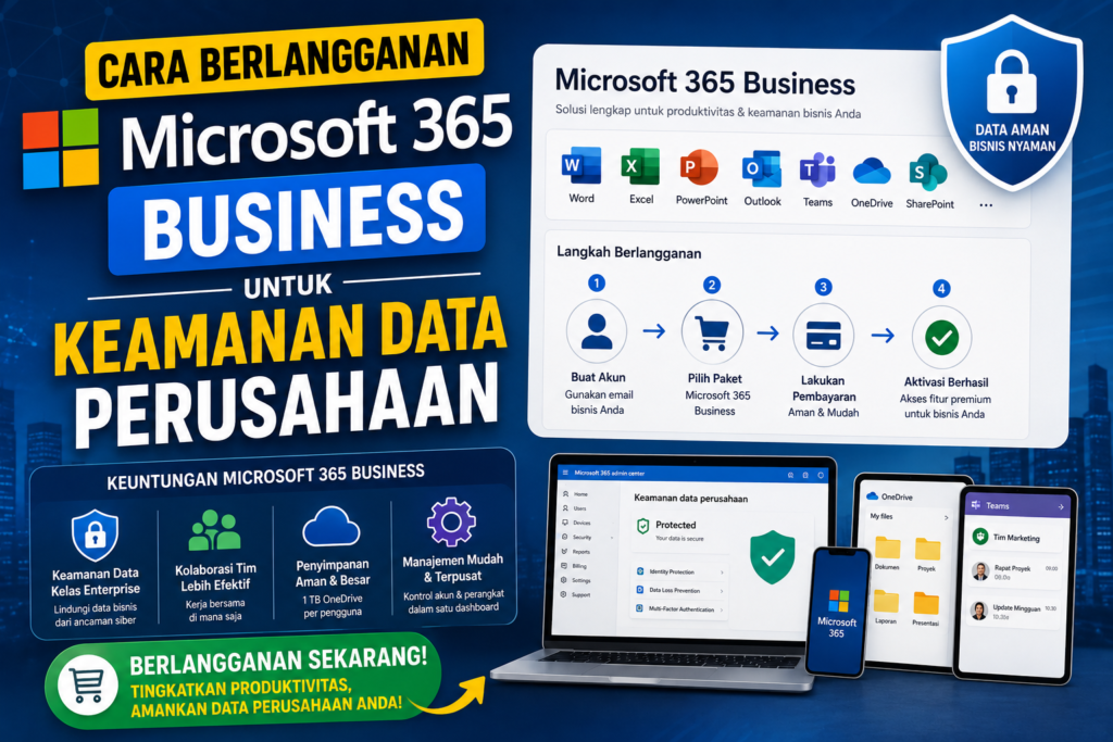 microsoft 365 business, keamanan data perusahaan, cara langganan microsoft 365, perlindungan data, siber security perusahaan, solusi bisnis digital, microsoft 365 premium, cloud computing bisnis, manajemen perangkat perusahaan, anti-phishing bisnis