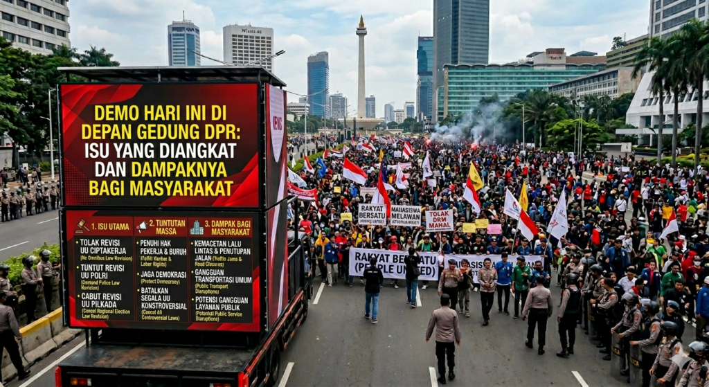 # Demo Hari Ini di Depan Gedung DPR: Isu yang Diangkat dan Dampaknya bagi Masyarakat ## Demo Hari Ini di DPR Kembali Menjadi Sorotan Publik Demo hari ini di depan Gedung DPR kembali menarik perhatian masyarakat karena lokasi tersebut merupakan pusat pengambilan keputusan politik di Indonesia. Setiap kali aksi unjuk rasa terjadi di kawasan ini, publik biasanya langsung menyoroti isu yang diangkat, jumlah massa yang hadir, serta dampaknya terhadap aktivitas di sekitar Senayan dan jalan-jalan utama Jakarta. Gedung DPR bukan hanya simbol lembaga legislatif, tetapi juga menjadi titik strategis bagi berbagai kelompok masyarakat untuk menyampaikan aspirasi. Mulai dari mahasiswa, buruh, organisasi masyarakat sipil, hingga komunitas tertentu, sering menjadikan lokasi ini sebagai pusat aksi demonstrasi. Artikel ini akan membahas secara lengkap mengenai demo hari ini di depan Gedung DPR, isu-isu yang diangkat, kronologi umum aksi, serta dampaknya terhadap masyarakat dan lalu lintas ibu kota. --- ## Mengapa Gedung DPR Sering Jadi Lokasi Demo? Gedung DPR RI sering menjadi pusat demonstrasi karena memiliki peran penting dalam proses pembuatan undang-undang dan pengawasan pemerintah. Beberapa alasan utama lokasi ini sering dipilih antara lain: * Merupakan pusat legislasi nasional. * Tempat pembahasan kebijakan publik. * Simbol representasi rakyat. * Lokasi strategis di Jakarta. * Mudah diakses oleh massa dari berbagai daerah. Karena itu, banyak kelompok masyarakat merasa bahwa menyampaikan aspirasi langsung di depan Gedung DPR adalah cara paling efektif untuk menarik perhatian pembuat kebijakan. --- ## Isu yang Diangkat dalam Demo Hari Ini di DPR Setiap demonstrasi memiliki latar belakang isu yang berbeda. Dalam demo hari ini di depan Gedung DPR, beberapa isu yang biasanya menjadi fokus utama antara lain: ### 1. Kebijakan Pemerintah yang Kontroversial Salah satu isu paling sering diangkat adalah kebijakan yang dianggap merugikan masyarakat. Contohnya: * Revisi undang-undang tertentu. * Kebijakan ekonomi nasional. * Regulasi ketenagakerjaan. * Kebijakan pendidikan dan kesehatan. Massa aksi biasanya menuntut agar kebijakan tersebut ditinjau ulang atau dibatalkan. --- ### 2. Kesejahteraan Buruh dan Pekerja Kelompok buruh sering menggelar aksi di depan DPR untuk menyuarakan: * Kenaikan upah minimum. * Jaminan sosial ketenagakerjaan. * Kepastian status kerja. * Perlindungan hak pekerja. Isu ini selalu menjadi salah satu agenda utama dalam demonstrasi besar di Indonesia. --- ### 3. Isu Pendidikan Nasional Mahasiswa dan pelajar sering membawa isu pendidikan ke depan DPR. Tuntutan yang sering muncul antara lain: * Biaya pendidikan yang terjangkau. * Pemerataan akses pendidikan. * Perbaikan sistem beasiswa. * Transparansi kebijakan pendidikan. --- ### 4. Penegakan Hukum dan Anti-Korupsi Isu hukum juga sering menjadi pemicu aksi demonstrasi. Massa biasanya menuntut: * Penegakan hukum yang adil. * Transparansi kasus korupsi. * Reformasi lembaga hukum. * Pengawasan terhadap aparat penegak hukum. --- ## Kronologi Umum Demo Hari Ini di DPR Walaupun setiap aksi memiliki detail yang berbeda, secara umum kronologi demonstrasi di depan DPR biasanya mengikuti pola berikut. ### Tahap Persiapan Sebelum aksi dimulai, para peserta biasanya melakukan: * Konsolidasi massa. * Penyusunan tuntutan. * Koordinasi antar kelompok. * Pemberitahuan kepada pihak berwenang. Tahap ini penting untuk memastikan aksi berjalan terarah. --- ### Pergerakan Massa ke Lokasi Pada hari pelaksanaan, massa mulai bergerak menuju Gedung DPR dari berbagai titik kumpul. Biasanya peserta datang dari: * Kampus. * Serikat buruh. * Organisasi masyarakat. * Daerah sekitar Jabodetabek. --- ### Penyampaian Aspirasi Di depan Gedung DPR, peserta menyampaikan tuntutan melalui: * Orasi terbuka. * Spanduk dan poster. * Pembacaan pernyataan sikap. * Aksi simbolik. Pada tahap ini, inti dari demonstrasi berlangsung. --- ### Respons dari Perwakilan DPR Dalam beberapa kasus, perwakilan anggota DPR menerima perwakilan massa untuk berdialog. Isi pembahasan biasanya mencakup: * Tuntutan utama demonstran. * Klarifikasi kebijakan. * Komitmen tindak lanjut. --- ### Penutupan Aksi Jika berjalan damai, demonstrasi biasanya ditutup dengan tertib dan massa membubarkan diri secara bertahap. --- ## Dampak Demo di Depan Gedung DPR bagi Jakarta ### 1. Dampak Lalu Lintas Salah satu dampak paling terlihat adalah gangguan lalu lintas di kawasan Senayan. Biasanya terjadi: * Pengalihan arus kendaraan. * Kepadatan di jalan alternatif. * Penutupan sementara akses tertentu. Jalan seperti Gatot Subroto dan sekitarnya sering terdampak. --- ### 2. Aktivitas Publik Terganggu Beberapa aktivitas masyarakat juga ikut terdampak, seperti: * Perkantoran di sekitar lokasi. * Transportasi umum. * Kegiatan bisnis. Namun, dampak ini biasanya bersifat sementara. --- ### 3. Peningkatan Keamanan Karena Gedung DPR merupakan objek vital, pengamanan biasanya diperketat selama aksi berlangsung. Aparat ditempatkan di: * Pintu masuk DPR. * Jalan utama sekitar lokasi. * Titik kumpul massa. --- ## Peran Aparat dalam Mengawal Demo Hari Ini di DPR Aparat keamanan memiliki tugas penting dalam menjaga ketertiban selama aksi berlangsung. ### Pengamanan Lokasi Petugas menjaga area sekitar DPR agar tetap aman bagi peserta aksi maupun masyarakat umum. --- ### Pengaturan Massa Aparat bekerja sama dengan koordinator lapangan untuk mengatur jalannya aksi agar tetap tertib. --- ### Pengaturan Lalu Lintas Rekayasa lalu lintas dilakukan untuk mengurangi kemacetan di sekitar lokasi demonstrasi. --- ### Pendekatan Humanis Dalam banyak kasus, pendekatan dialog lebih diutamakan untuk mencegah konflik. --- ## Respons Pemerintah terhadap Demo di DPR ### Menampung Aspirasi Perwakilan DPR biasanya menerima aspirasi langsung dari peserta aksi. --- ### Klarifikasi Kebijakan Pemerintah atau DPR dapat memberikan penjelasan terkait kebijakan yang dipersoalkan. --- ### Evaluasi Regulasi Beberapa demonstrasi dapat mendorong evaluasi atau revisi kebijakan tertentu. --- ### Komitmen Dialog Dialog berkelanjutan sering menjadi langkah untuk mencari solusi bersama. --- ## Dampak Positif Demo di Depan DPR ### 1. Saluran Aspirasi Terbuka Masyarakat dapat langsung menyampaikan pendapat kepada pembuat kebijakan. --- ### 2. Penguatan Demokrasi Partisipasi publik menjadi bukti bahwa demokrasi berjalan aktif. --- ### 3. Kontrol Sosial Demonstrasi berfungsi sebagai pengawasan terhadap kebijakan pemerintah. --- ## Dampak Negatif Demo di DPR ### 1. Kemacetan Parah Kawasan Senayan sering mengalami kepadatan kendaraan. --- ### 2. Gangguan Aktivitas Kantor Perkantoran di sekitar lokasi bisa mengalami penyesuaian aktivitas. --- ### 3. Potensi Ketegangan Jika tidak terkendali, situasi bisa menimbulkan ketegangan di lapangan. --- ## Cara Masyarakat Menyikapi Demo Hari Ini di DPR Agar tidak terganggu aktivitasnya, masyarakat dapat melakukan beberapa langkah berikut: * Memantau informasi dari media terpercaya. * Menghindari kawasan Senayan jika tidak perlu. * Menggunakan rute alternatif. * Berangkat lebih awal. * Mengikuti arahan petugas lalu lintas. --- ## Demo di Era Digital: Aksi Tidak Hanya di Jalan Perkembangan teknologi membuat penyampaian aspirasi semakin luas. Kini demonstrasi juga dilakukan melalui: * Media sosial. * Petisi online. * Kampanye digital. * Diskusi publik virtual. Namun aksi di depan DPR tetap menjadi simbol kuat penyampaian aspirasi rakyat. --- ## Kesimpulan Demo hari ini di depan Gedung DPR menunjukkan bahwa ruang demokrasi di Indonesia masih aktif dan terbuka. Berbagai isu seperti kebijakan pemerintah, kesejahteraan buruh, pendidikan, dan penegakan hukum menjadi alasan utama masyarakat turun ke jalan. Meskipun dapat menimbulkan dampak seperti kemacetan dan gangguan aktivitas publik, demonstrasi tetap menjadi bagian penting dari mekanisme kontrol sosial dalam sistem demokrasi. Dengan pengelolaan yang baik antara peserta aksi, aparat keamanan, dan pemerintah, demonstrasi dapat berlangsung damai dan tetap memberikan manfaat bagi masyarakat luas. Pada akhirnya, demo di depan DPR bukan hanya tentang aksi di jalan, tetapi juga tentang suara rakyat yang ingin didengar dalam proses pengambilan keputusan negara.