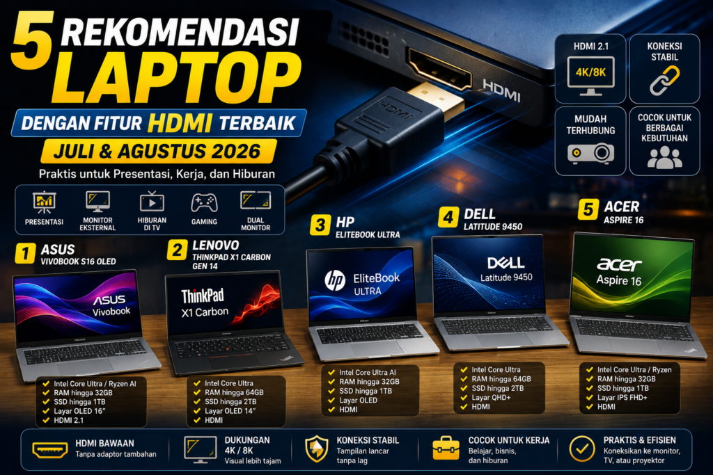 5 Rekomendasi Laptop dengan Fitur HDMI Terbaik Juli dan Agustus 2026, Praktis untuk Presentasi dan Hiburan