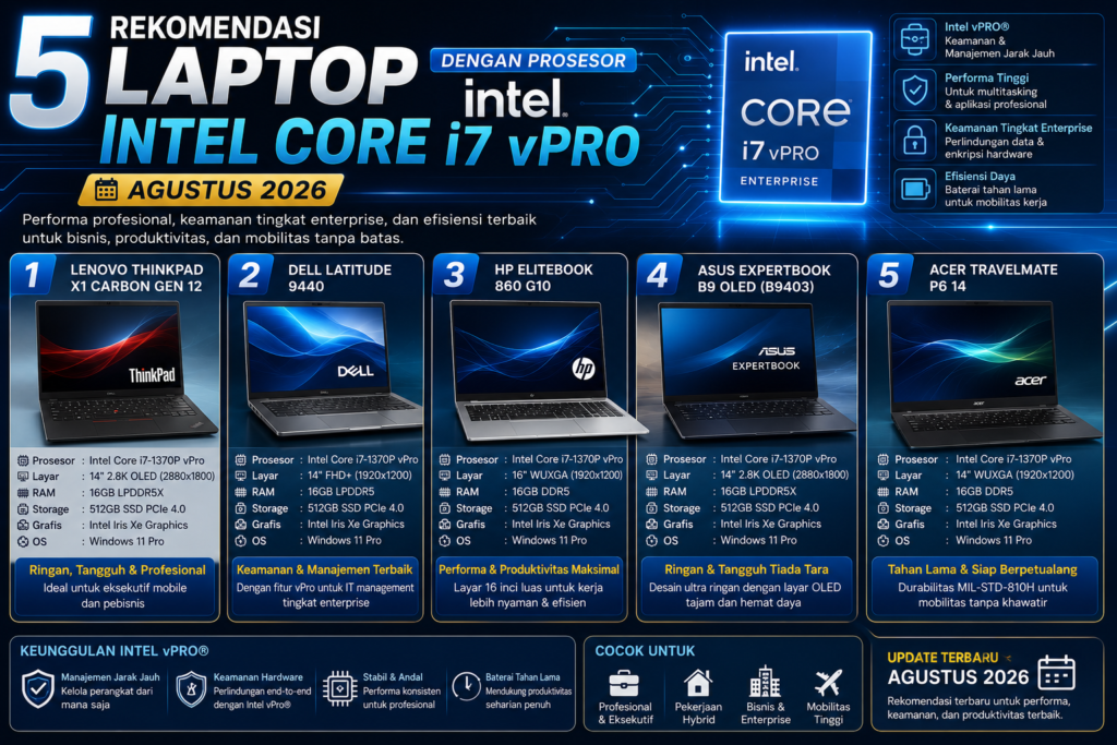 5 Rekomendasi Laptop dengan Prosesor Intel Core i7 vPro Terbaik (Edisi Agustus 2026)