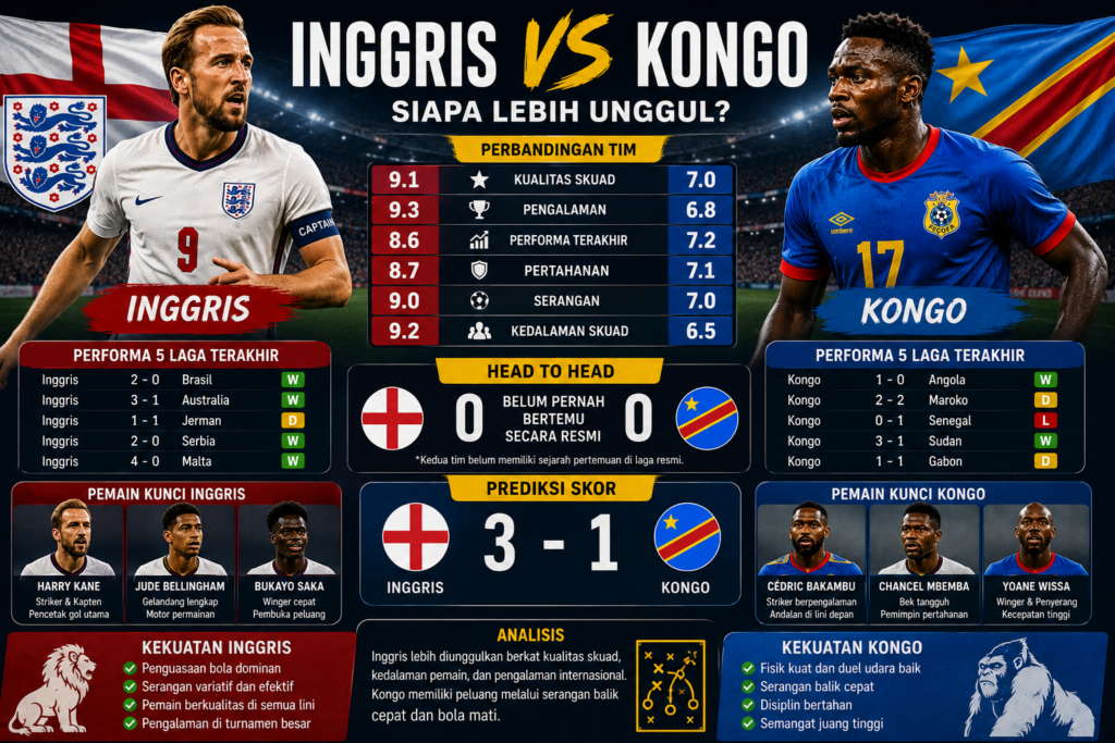 Inggris vs Kongo: Siapa Lebih Unggul? Perbandingan Skuad, Statistik, dan Prediksi Skor
