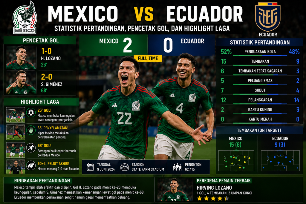 Mexico vs Ecuador: Statistik Pertandingan, Pencetak Gol, dan Highlight Laga