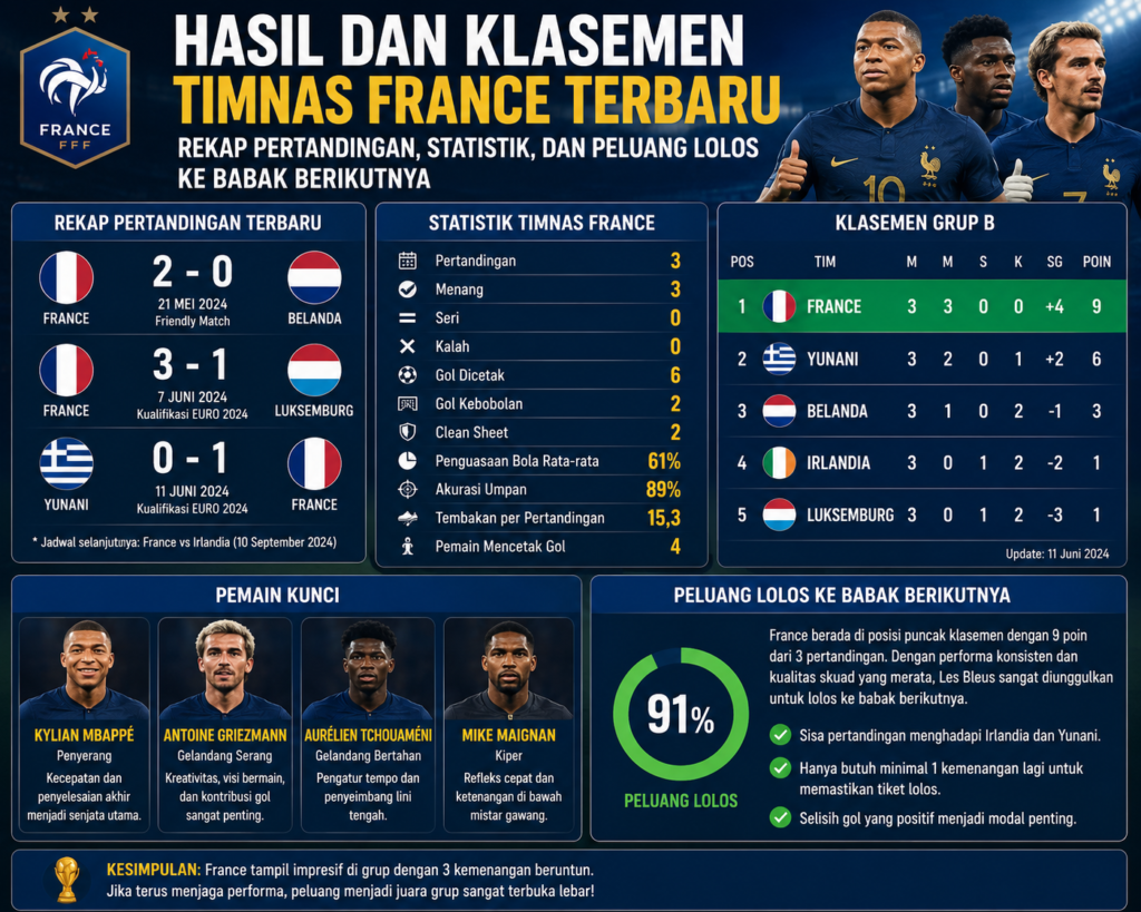 Hasil dan Klasemen Timnas France Terbaru: Rekap Pertandingan, Statistik, dan Peluang Lolos ke Babak Berikutnya