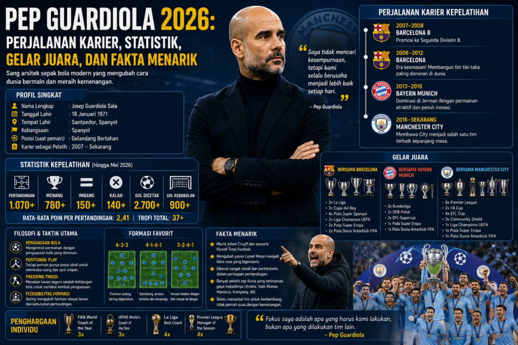 Pep Guardiola 2026: Perjalanan Karier, Statistik, Gelar Juara, dan Fakta Menarik