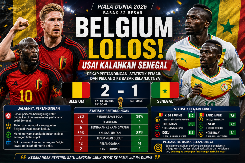 Belgium Lolos usai Kalahkan Senegal: Rekap Pertandingan, Statistik Pemain, dan Peluang ke Babak Selanjutnya