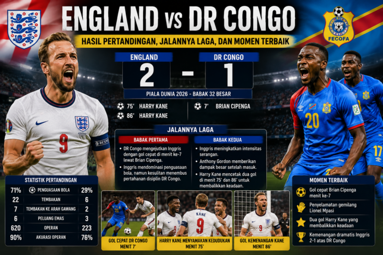 England vs DR Congo: Hasil Pertandingan, Jalannya Laga, dan Momen Terbaik