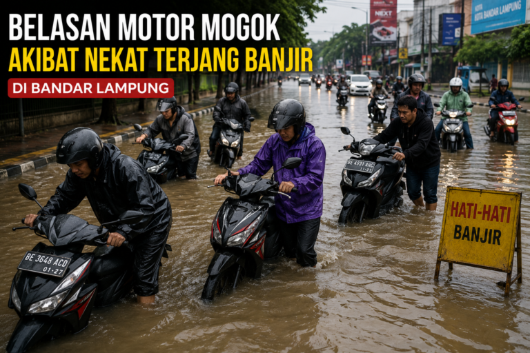 Belasan Motor Mogok Akibat Nekat Terjang Banjir di Bandar Lampung