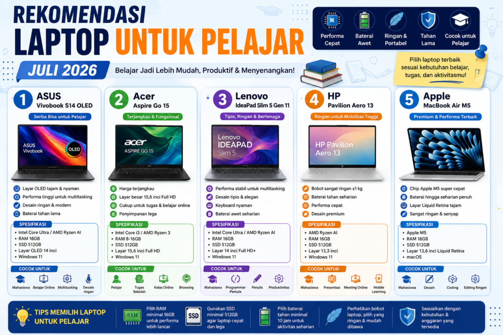 Rekomendasi Laptop untuk Pelajar Juli 2026: 5 Pilihan Terbaik untuk Belajar, Tugas, dan Produktivitas