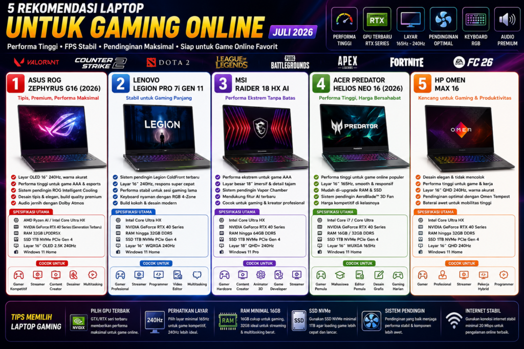 Rekomendasi Laptop untuk Gaming Online Juli 2026: 5 Laptop Gaming Terbaik dengan FPS Stabil