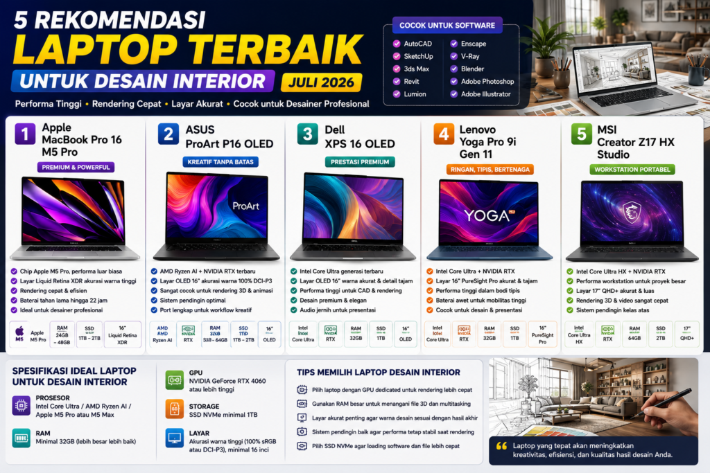 Rekomendasi Laptop Terbaik untuk Desain Interior Juli 2026: 5 Pilihan dengan Performa Tinggi untuk Rendering dan Desain 3D