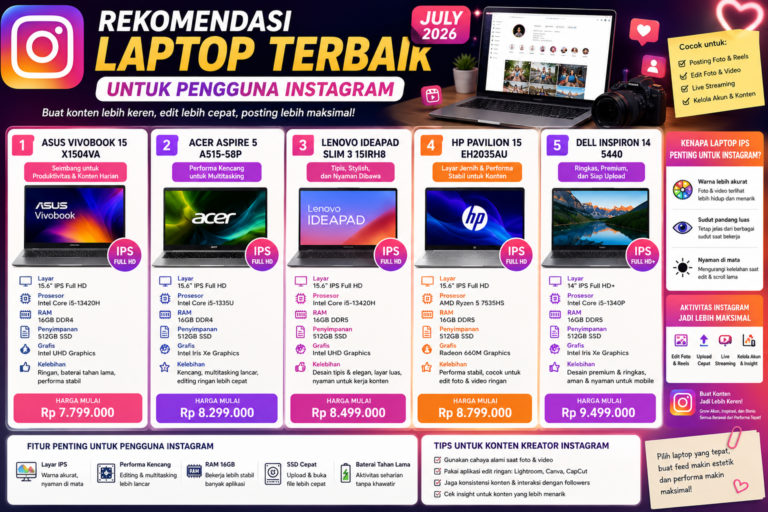 Rekomendasi Laptop Terbaik untuk Pengguna Instagram Juli 2026
