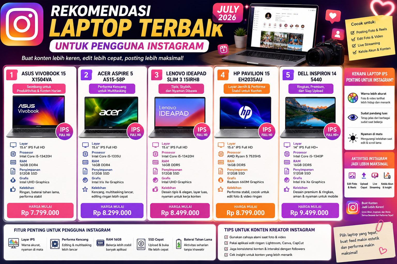 Rekomendasi Laptop Terbaik untuk Pengguna Instagram Juli 2026