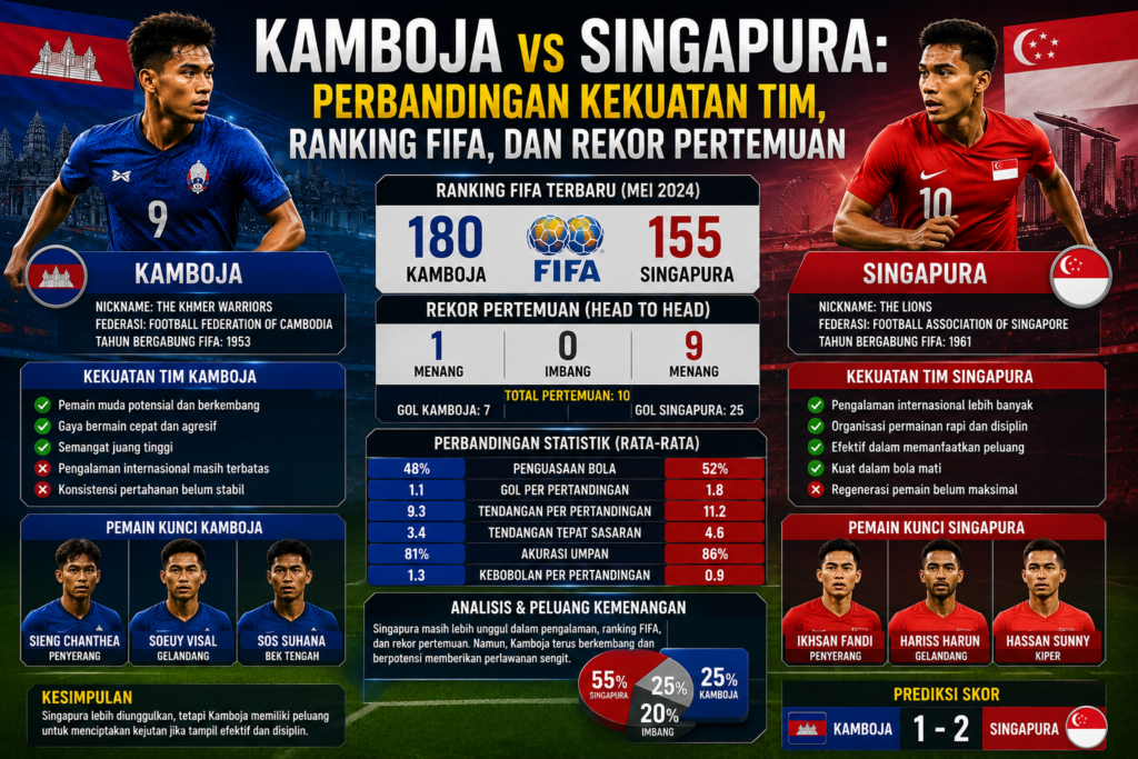 Kamboja vs Singapura: Perbandingan Kekuatan Tim, Ranking FIFA, dan Rekor Pertemuan