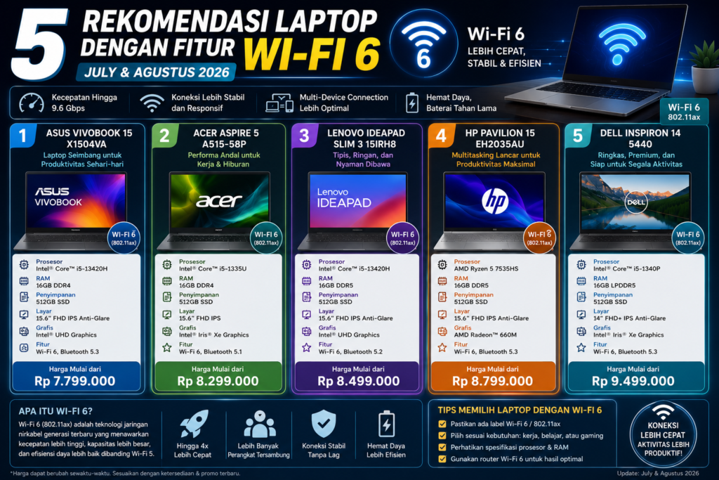 5 Rekomendasi Laptop dengan Fitur Wi-Fi 6 Terbaik (Juli & Agustus 2026)