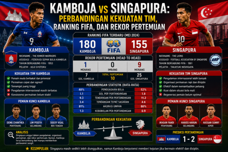 Kamboja vs Singapura: Perbandingan Kekuatan Tim, Ranking FIFA, dan Rekor Pertemuan