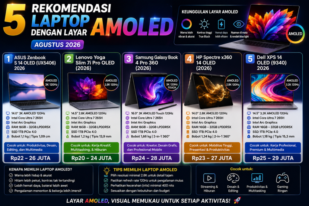 5 Rekomendasi Laptop Layar AMOLED Terbaik Agustus 2026