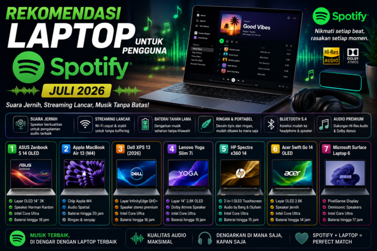 Rekomendasi Laptop untuk Pengguna Spotify Juli 2026: 7 Laptop Terbaik dengan Audio Premium untuk Streaming Musik