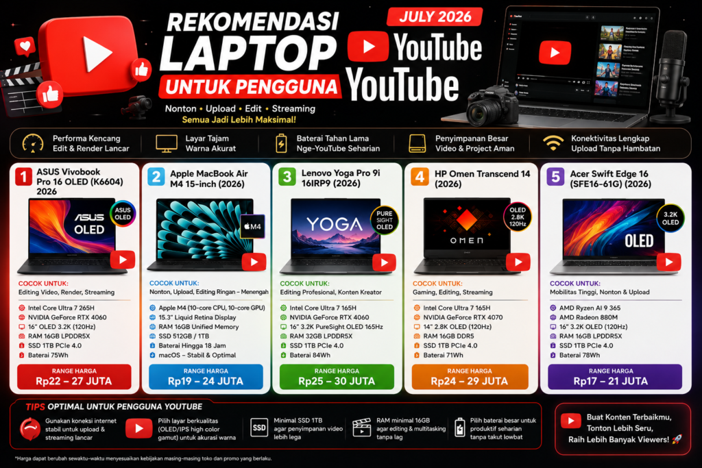 Rekomendasi Laptop Terbaik untuk Pengguna YouTube Juli 2026