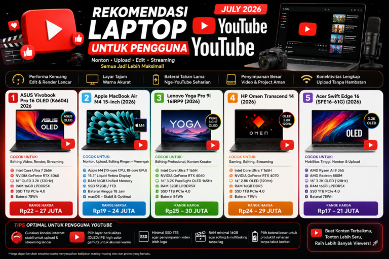 Rekomendasi Laptop Terbaik untuk Pengguna YouTube Juli 2026