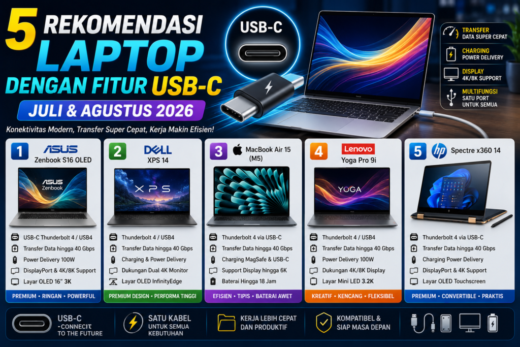 5 Rekomendasi Laptop dengan Fitur USB-C Terbaik Juli dan Agustus 2026, Praktis untuk Kerja dan Produktivitas