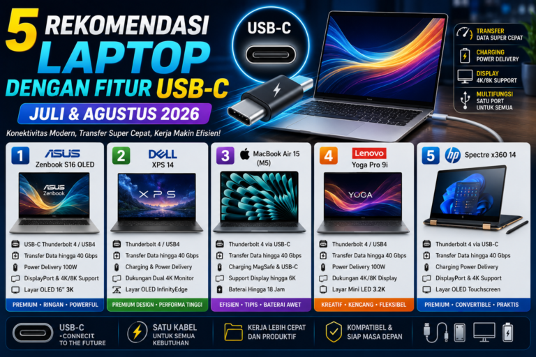 5 Rekomendasi Laptop dengan Fitur USB-C Terbaik Juli dan Agustus 2026, Praktis untuk Kerja dan Produktivitas