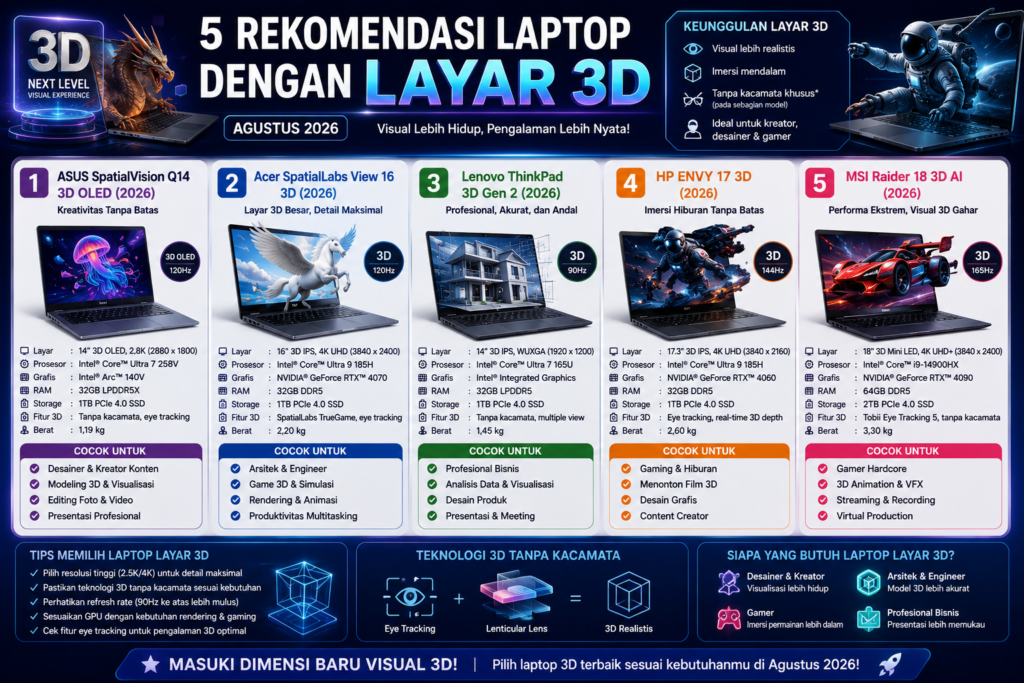 5 Rekomendasi Laptop dengan Layar 3D Agustus 2026