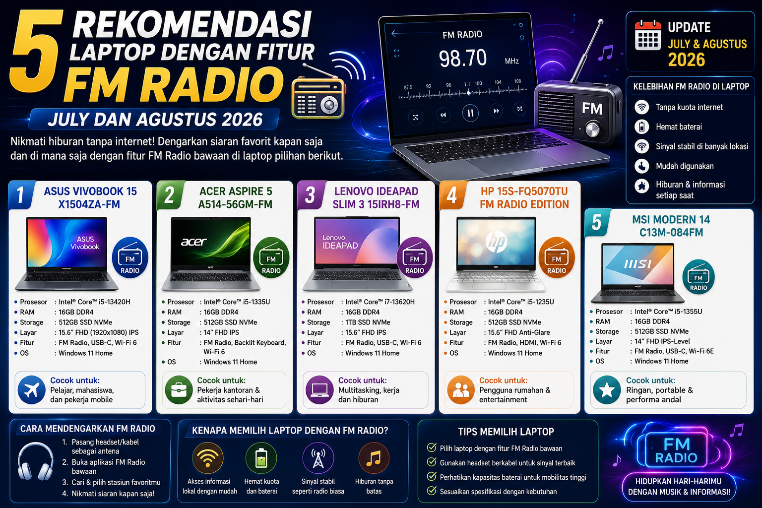 5 Rekomendasi Laptop dengan Fitur Radio FM Terbaik (Juli & Agustus 2026)Di tengah pesatnya perkembangan teknologi streaming musik dan audio digital berbasis internet, radio FM (Frequency Modulation) tetap memiliki tempat khusus bagi banyak orang. Radio FM menyajikan siaran berita lokal secara real-time, musik tanpa kuota internet, serta menjadi sarana komunikasi darurat yang andal ketika jaringan seluler atau Wi-Fi bermasalah.Bagi pengguna yang menginginkan perangkat kerja sekaligus hiburan serbaguna tanpa tergantung koneksi internet, memiliki laptop berfitur radio FM adalah nilai tambah yang besar. Memasuki periode Juli hingga Agustus 2026, pasar laptop menawarkan beberapa lini perangkat menarik yang mendukung penerimaan siaran radio FM—baik melalui modul hardware tuner internal terintegrasi maupun dukungan tuner eksternal terdedikasi.Berikut adalah panduan lengkap dan 5 rekomendasi laptop terbaik untuk menikmati siaran radio FM tanpa hambatan di pertengahan tahun 2026.Mengapa Fitur Radio FM di Laptop Tetap Relevan di Tahun 2026?Meskipun layanan streaming audio saat ini sangat populer, fitur radio analog/FM pada laptop tetap menawarkan beberapa keunggulan utama:Hemat Kuota Data & Bebas Internet: Anda dapat mendengarkan musik, acara bincang-bincang, atau siaran olahraga secara gratis tanpa memotong paket data internet atau bergantung pada Wi-Fi.Akses Informasi Darurat: Saat terjadi pemadaman listrik atau gangguan jaringan seluler, siaran radio FM merupakan saluran komunikasi utama untuk memperoleh pembaruan informasi dari pemerintah atau lembaga lokal.Penggunaan Daya Efisien: Menangkap gelombang radio FM mengonsumsi daya baterai jauh lebih sedikit dibandingkan melakukan streaming video atau audio definisi tinggi via internet.Memahami Teknologi Radio FM pada Laptop Modern (2026)Sebelum masuk ke daftar rekomendasi, penting untuk dicatat bahwa dalam industri laptop modern tahun 2026, fitur radio FM umumnya dihadirkan melalui dua metode utama:Modul Hardware Tuner bawaan / Kartu Modul Kombinasi: Beberapa laptop kelas industri, edukasi, atau edisi khusus dilengkapi modul tuner FM internal (sering kali terintegrasi dengan kartu Wi-Fi/Bluetooth atau modul modem WWAN 4G/5G). Antena headset (colokan audio 3.5mm) biasanya berfungsi sebagai antena penerima gelombang FM.Paket Tuner FM USB / Software Dedicated: Beberapa produsen menghadirkan laptop bundle yang mendukung integrasi dongle FM/DAB Tuner tingkat lanjut yang dapat diakses langsung via aplikasi bawaan laptop secara plug-and-play.5 Rekomendasi Laptop dengan Fitur Radio FM (Juli – Agustus 2026)1. Panasonic Toughbook 55 (MK3 / 2026 Edition)Laptop Rugged Serbaguna dengan Modul Komunikasi TerintegrasiPanasonic Toughbook 55 merupakan laptop kategori semi-rugged pilihan utama bagi pekerja lapangan, teknisi, dan personel militer. Perangkat ini dikenal dengan desain modularnya (expansion bay) yang memungkinkan pengguna memasukkan berbagai modul perangkat keras khusus, termasuk modul receiver radio FM/AM dan pemancar komunikasi khusus.Laptop ini memiliki daya tahan fisik luar biasa, sertifikasi IP53, serta daya tahan baterai hingga 19 jam. Sangat cocok bagi profesional yang bekerja di area terpencil di mana sinyal internet tidak tersedia, namun butuh mendengarkan siaran radio pemantau cuaca atau berita lokal.Prosesor: Intel® Core™ Ultra / Intel® Core™ i7Layar: 14 inci FHD Touchscreen (1000 nits Outdoor Display)Kelebihan Fitur FM: Modul penerima gelombang radio terintegrasi via Expansion BayDaya Tahan Baterai: Hingga 19 Jam (Dual Battery Support)Perkiraan Harga: Rp38.000.000 – Rp45.000.0002. Dell Latitude 5450 Rugged / Education EditionLaptop Lapangan dengan Modem WWAN & Dukungan Sinyal BroadcastDell Latitude 5450 edisi khusus lapangan dirancang untuk bertahan di lingkungan kerja yang keras. Selain dibekali sasis tahan benturan dan keyboard tahan tumpahan air, laptop ini dilengkapi dengan opsi modul modem nirkabel internal yang mendukung fungsi penerimaan frekuensi radio FM lokal melalui jack audio 3.5mm sebagai antena.Performa laptop ini disokong oleh prosesor efisien dari Intel, RAM DDR5 yang cepat, serta sistem pendingin handal untuk pemakaian durasi panjang. Bagi peneliti lapangan atau pekerja konstruksi, laptop ini menyediakan akses hiburan radio FM langsung di area kerja terpencil.Prosesor: Intel® Core™ Ultra 5 / Ultra 7Layar: 14 inci FHD Anti-Glare DisplayKelebihan Fitur FM: Support receiver frekuensi FM via kartu modul komunikasi internalFitur Tambahan: Ketahanan standar militer MIL-STD-810H, port I/O lengkapPerkiraan Harga: Rp22.000.000 – Rp26.000.0003. HP Fortis G11 Chromebook / Windows EditionLaptop Edukasi Tangguh dengan Integrasi Audio TunerSeri HP Fortis dirancang khusus untuk sektor pendidikan dan pengguna outdoor yang membutuhkan laptop dengan durabilitas tinggi serta fitur komunikasi lengkap. HP membekali lini Fortis edisi 2026 dengan modul konektivitas serbaguna yang mencakup dukungan frekuensi radio FM untuk keperluan pembelajaran audio dan siaran berita sekolah/lokal.Dengan harga yang terjangkau dan bodi berpelindung karet tahan jatuh, laptop ini sangat aman digunakan oleh siswa maupun pekerja lapangan yang sering berpindah tempat.Prosesor: Intel® N-Series / Intel® Core™ i3Layar: 14 inci HD/FHD TouchscreenKelebihan Fitur FM: Dukungan hardware tuner audio untuk siaran radio lokalPerkiraan Harga: Rp8.500.000 – Rp12.000.0004. Lenovo ThinkPad T14 Gen 5 (Custom Modul WWAN/FM)Laptop Bisnis Profesional dengan Opsi Konektivitas TerlengkapLenovo ThinkPad T14 adalah "kuda beban" di dunia korporat. Pada versi yang dapat dikonfigurasi kustom untuk kebutuhan khusus (seperti penyiaran atau riset pasar), ThinkPad T14 dapat dipasangi kartu penerima radio FM/SDR (Software Defined Radio) pada slot M.2 tambahan.Pengguna dapat memantau siaran FM lokal melalui aplikasi pemutar audio Lenovo secara lancar. Ditambah dengan keyboard ergonomis khas ThinkPad dan layar rasio 16:10 yang nyaman, laptop ini merupakan pilihan solid untuk analisis data sekaligus mendengarkan siaran favorit.Prosesor: AMD Ryzen™ 7 PRO / Intel® Core™ Ultra 7Layar: 14 inci WUXGA IPS Anti-GlareKelebihan Fitur FM: M.2 Expansion Slot untuk pemindai frekuensi radio FM/AMPerkiraan Harga: Rp21.000.000 – Rp25.000.0005. ASUS ExpertBook B3 Detachable (B3000) BundleLaptop 2-in-1 Fleksibel dengan Bundle FM USB Tuner & Mode TabletASUS ExpertBook B3 Detachable merupakan laptop fleksibel dengan layar yang dapat dilepas dari keyboard-nya. Pada paket penjualan edisi khusus pertengahan 2026, ASUS menyediakan aksesori USB-C FM Tuner presisi tinggi lengkap dengan aplikasi bawaan ASUS Radio Player.Bentuknya yang ringkas seperti tablet menjadikan laptop ini sangat nyaman digunakan untuk bersantai sambil mendengarkan siaran radio FM di rumah, taman, maupun saat bepergian.Prosesor: Snapdragon® 7c Gen 2 / Chipset Efisien TerbaruLayar: 10.5 inci WUXGA (1920x1200) TouchscreenKelebihan Fitur FM: Plug-and-play FM Radio receiver via USB-C + Antena internalPerkiraan Harga: Rp9.500.000 – Rp11.500.000Perbandingan Spesifikasi RingkasModel LaptopUkuran LayarJenis Implementasi FMDaya Tahan BateraiKisaran HargaPanasonic Toughbook 5514" FHDModul Internal Expansion BayHingga 19 JamRp38 Juta – Rp45 JutaDell Latitude 5450 Rugged14" FHDReceiver Internal Modul WWANHingga 14 JamRp22 Juta – Rp26 JutaHP Fortis G1114" HD/FHDHardware Tuner EdukasiHingga 12 JamRp8,5 Juta – Rp12 JutaLenovo ThinkPad T14 Gen 514" WUXGASlot M.2 / SDR Radio ReceiverHingga 15 JamRp21 Juta – Rp25 JutaASUS ExpertBook B310.5" WUXGAExternal USB-C Receiver BundleHingga 13 JamRp9,5 Juta – Rp11,5 JutaPanduan Penting Sebelum Membeli Laptop Berfitur Radio FMBerikut beberapa tips agar Anda tidak salah memilih perangkat:Gunakan Earphone Wired sebagai Antena: Sebagian besar laptop dengan fitur tuner FM membutuhkan earphone/headphone bercolokan jack 3.5mm untuk bertindak sebagai antena penerima gelombang radio yang jernih.Cek Ketersediaan Modul: Beberapa produsen menyediakan fitur FM sebagai opsi tambahan (optional module). Pastikan Anda memilih varian yang menyertakan modul tersebut pada deskripsi spesifikasi.Alternatif Dongle USB SDR: Jika laptop impian Anda tidak memiliki tuner FM bawaan, Anda selalu dapat menambahkan USB Radio Tuner mini (SDR Dongle) dengan harga terjangkau yang kompatibel dengan seluruh laptop Windows 11 dan Windows 12 di tahun 2026.Dapatkan kebebasan mendengarkan musik dan berita tanpa tergantung koneksi internet dengan memilih laptop berfitur radio FM terbaik pada periode Juli – Agustus 2026 inv