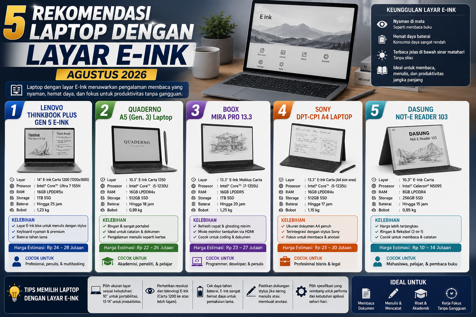 5 Rekomendasi Laptop dengan Layar E-Ink Terbaik (Agustus 2026)