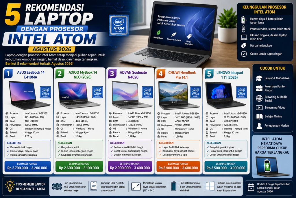 5 Rekomendasi Laptop dengan Prosesor Intel Atom Terbaik (Agustus 2026)