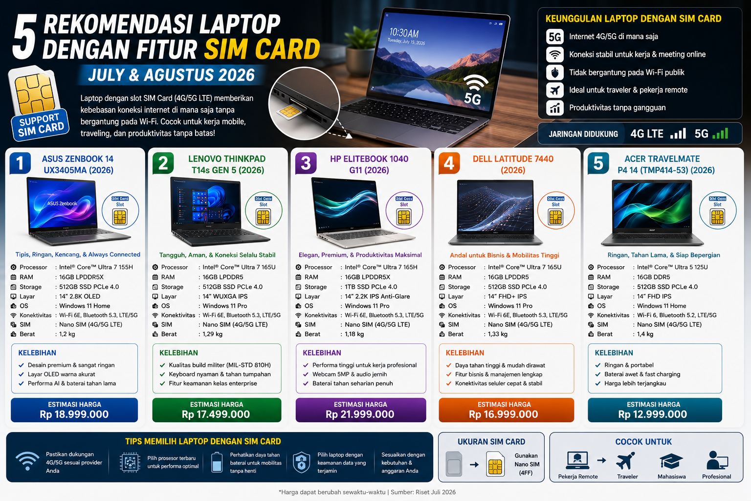5 Rekomendasi Laptop dengan Fitur SIM Card Terbaik (Juli & Agustus 2026)