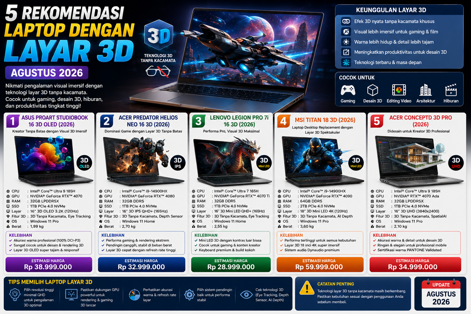 5 Rekomendasi Laptop dengan Layar 3D Tanpa Kacamata Terbaik (Agustus 2026)